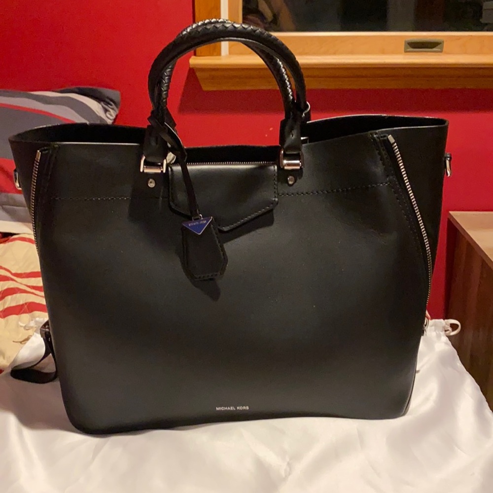 Michael Kors Black Leather Tote with Silver Hardware